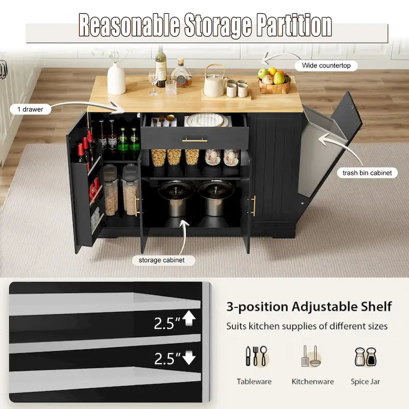 Isola da Cucina Bianca con Armadio per Pattumiera, 135 cm, 1 Persona