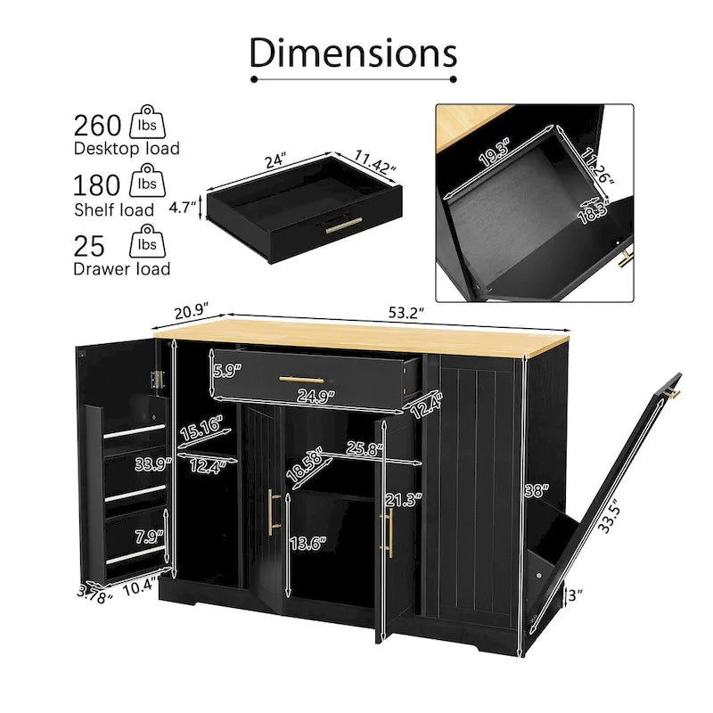 Isola da Cucina Bianca con Armadio per Pattumiera, 135 cm, 1 Persona