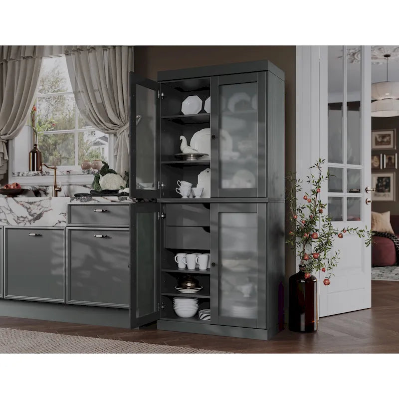 Dispensa in legno massello con ante in vetro, 1 unità, color ottanio / bianco / moka / acqua / salvia / giallo / grigio / verde / nero