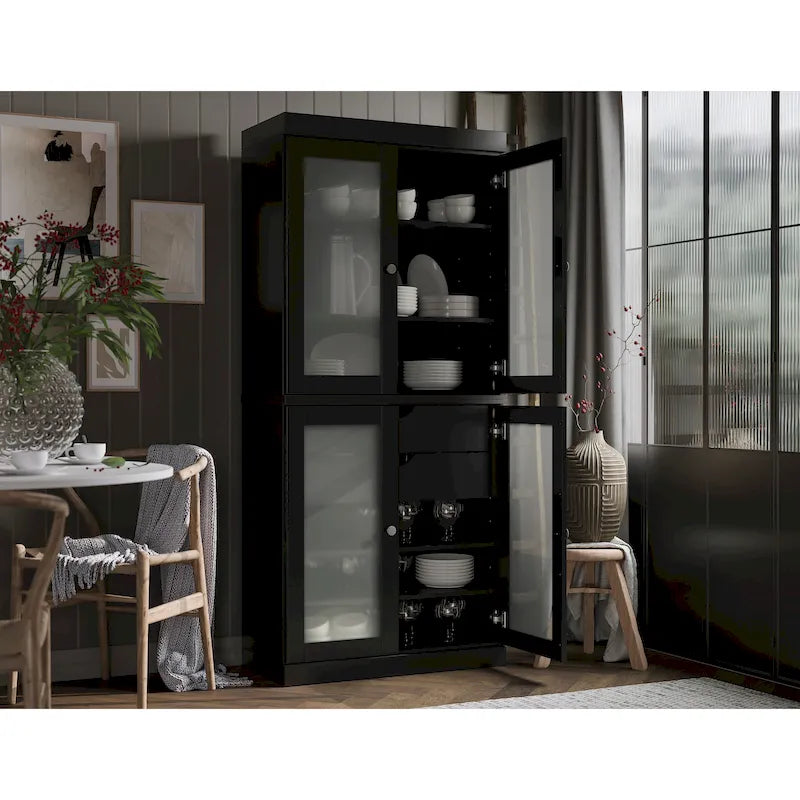 Dispensa in legno massello con ante in vetro, 1 unità, color ottanio / bianco / moka / acqua / salvia / giallo / grigio / verde / nero