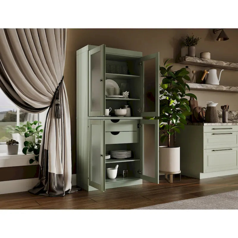 Dispensa in legno massello con ante in vetro, 1 unità, color ottanio / bianco / moka / acqua / salvia / giallo / grigio / verde / nero