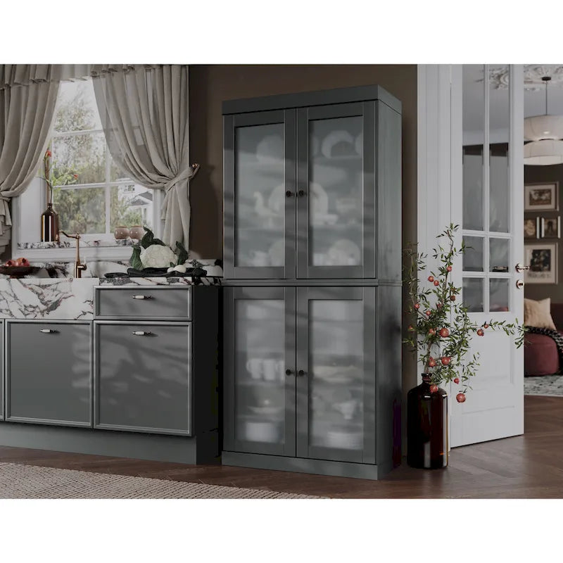 Dispensa in legno massello con ante in vetro, 1 unità, color ottanio / bianco / moka / acqua / salvia / giallo / grigio / verde / nero