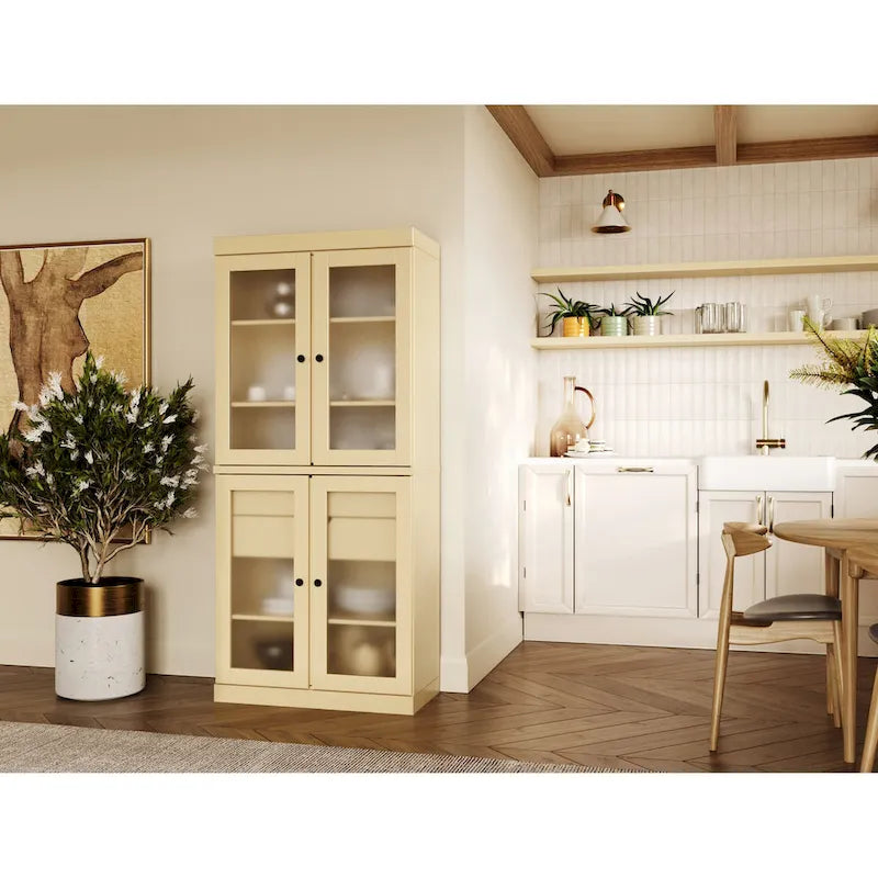 Dispensa in legno massello con ante in vetro, 1 unità, color ottanio / bianco / moka / acqua / salvia / giallo / grigio / verde / nero