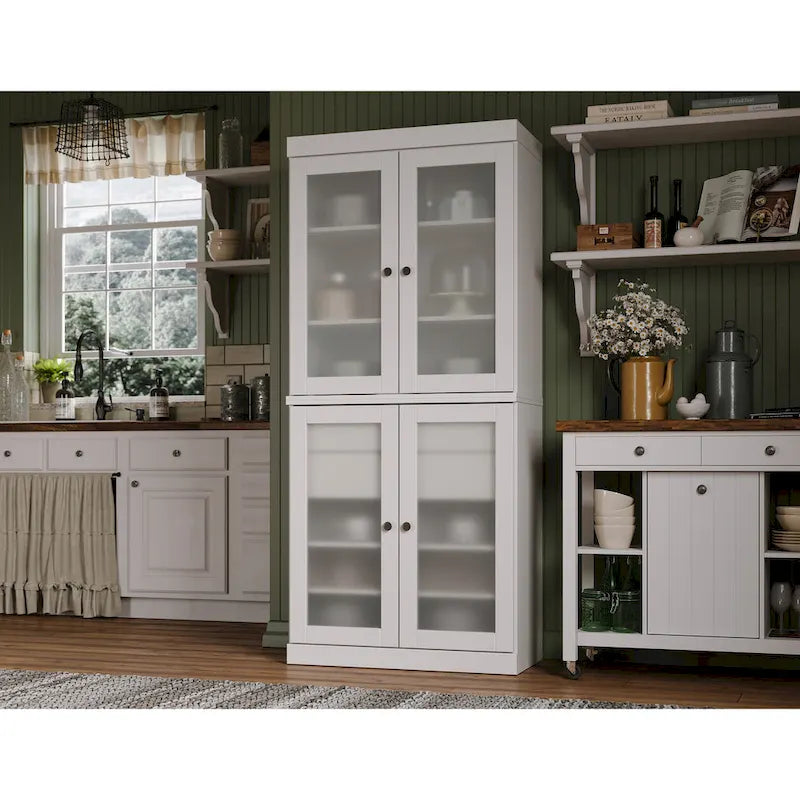 Dispensa in legno massello con ante in vetro, 1 unità, color ottanio / bianco / moka / acqua / salvia / giallo / grigio / verde / nero