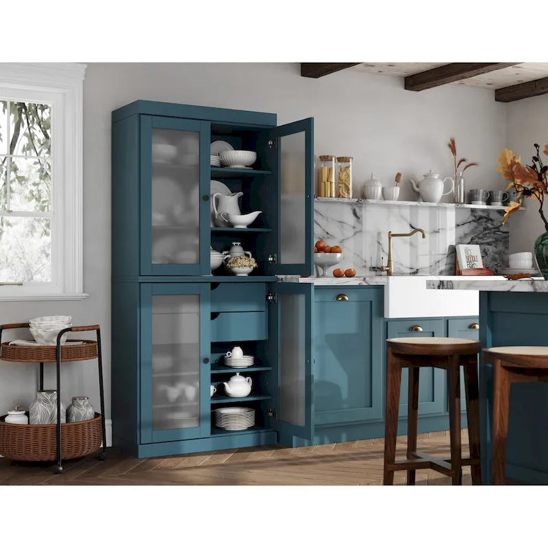 Dispensa in legno massello con ante in vetro, 1 unità, color ottanio / bianco / moka / acqua / salvia / giallo / grigio / verde / nero