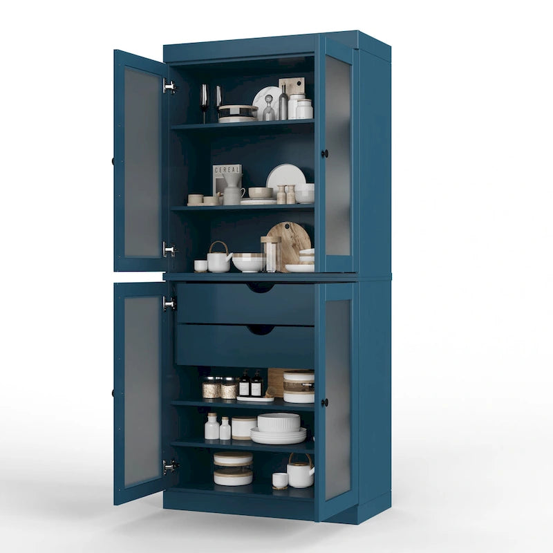 Dispensa in legno massello con ante in vetro, 1 unità, color ottanio / bianco / moka / acqua / salvia / giallo / grigio / verde / nero