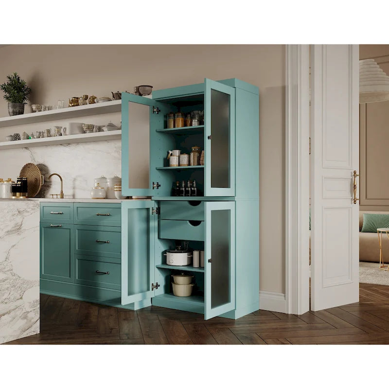 Dispensa in legno massello con ante in vetro, 1 unità, color ottanio / bianco / moka / acqua / salvia / giallo / grigio / verde / nero