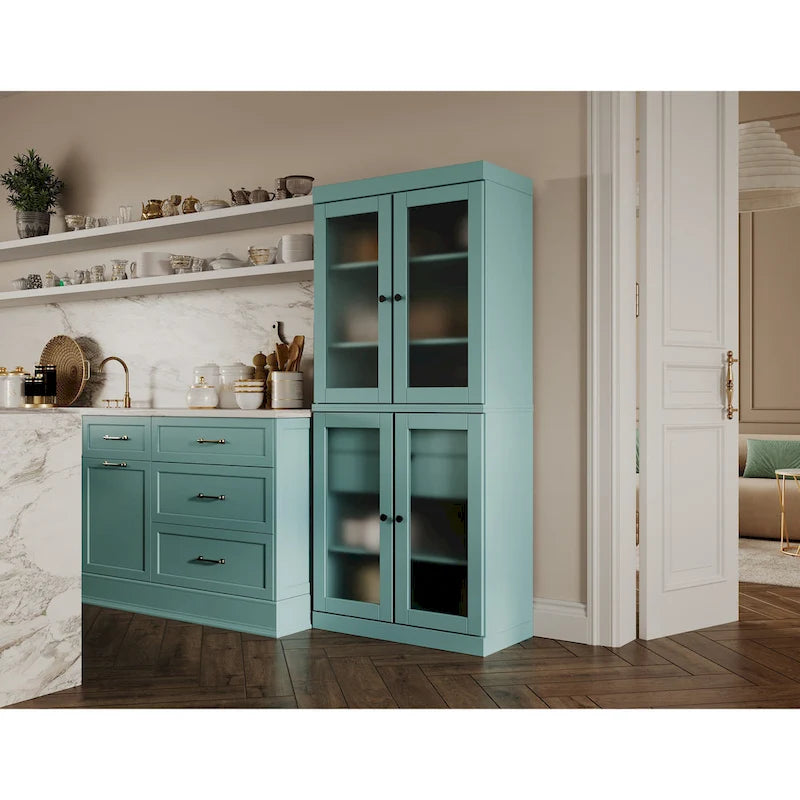 Dispensa in legno massello con ante in vetro, 1 unità, color ottanio / bianco / moka / acqua / salvia / giallo / grigio / verde / nero