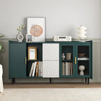 Mobile credenza moderno blu/verde con 2 ante in vetro, 2 cassetti e 2 vani aperti
