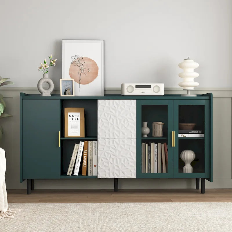 Mobile credenza moderno blu/verde con 2 ante in vetro, 2 cassetti e 2 vani aperti