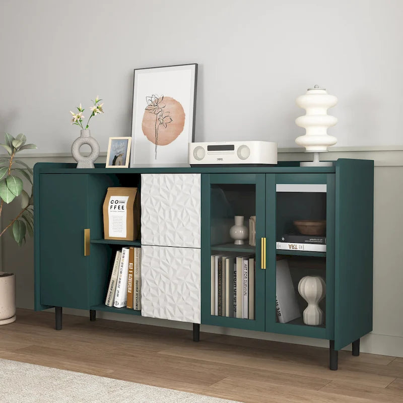Mobile credenza moderno blu/verde con 2 ante in vetro, 2 cassetti e 2 vani aperti