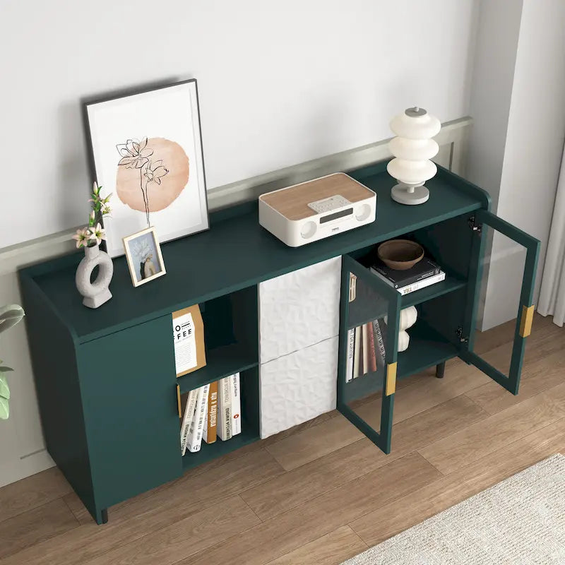 Mobile credenza moderno blu/verde con 2 ante in vetro, 2 cassetti e 2 vani aperti