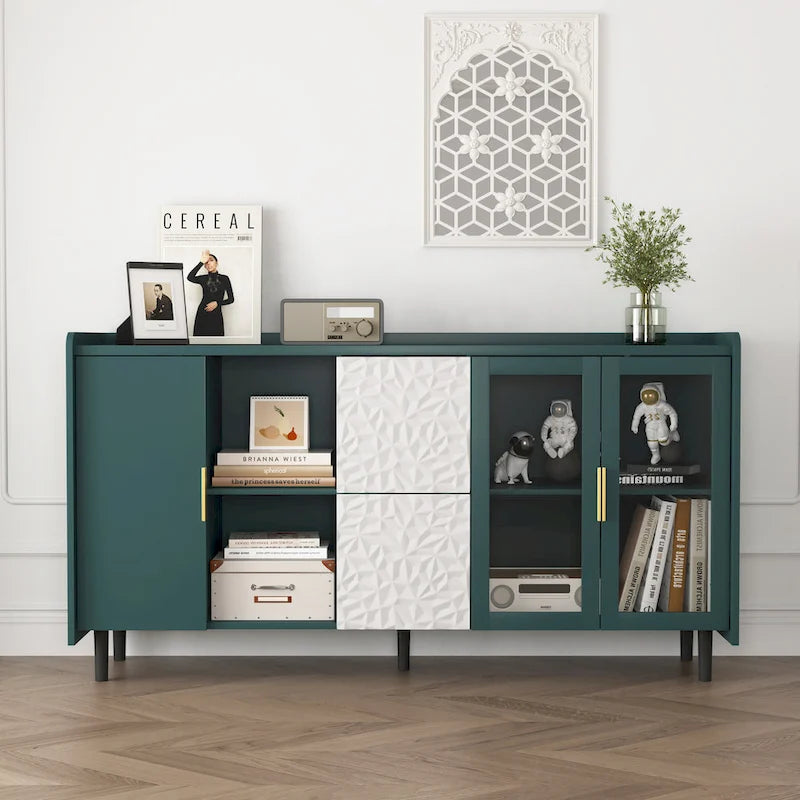 Mobile credenza moderno blu/verde con 2 ante in vetro, 2 cassetti e 2 vani aperti
