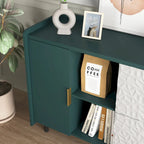 Mobile credenza moderno blu/verde con 2 ante in vetro, 2 cassetti e 2 vani aperti