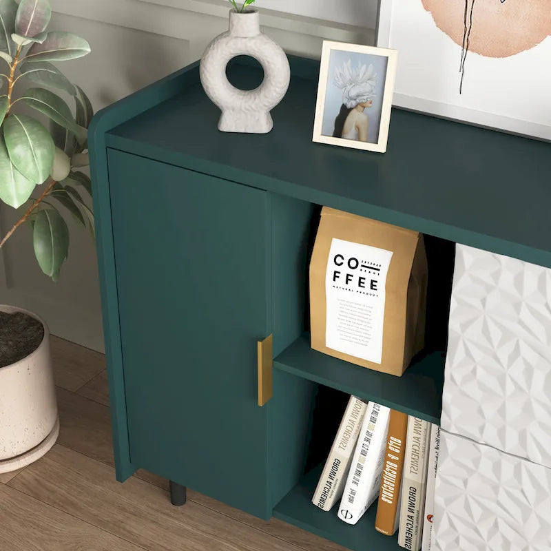 Mobile credenza moderno blu/verde con 2 ante in vetro, 2 cassetti e 2 vani aperti