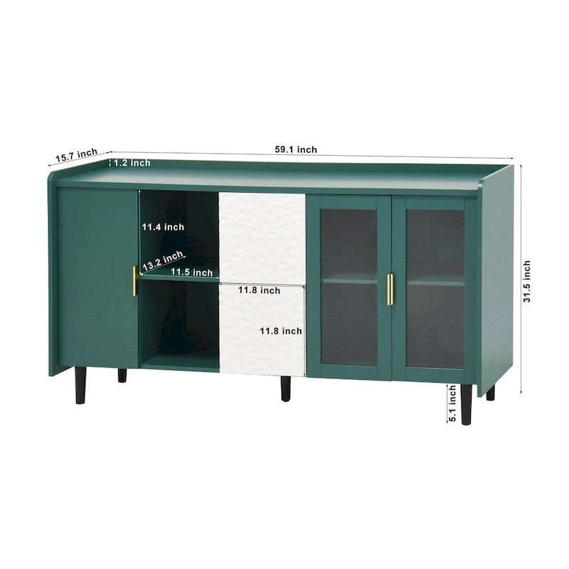 Mobile credenza moderno blu/verde con 2 ante in vetro, 2 cassetti e 2 vani aperti