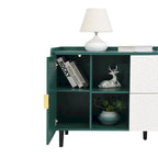 Mobile credenza moderno blu/verde con 2 ante in vetro, 2 cassetti e 2 vani aperti