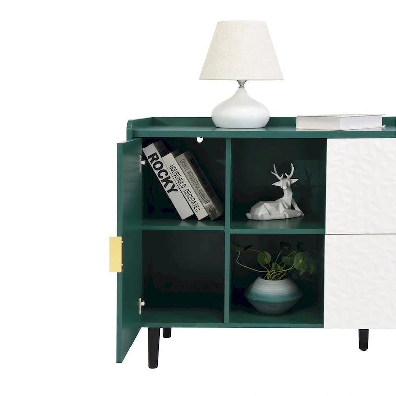 Mobile credenza moderno blu/verde con 2 ante in vetro, 2 cassetti e 2 vani aperti
