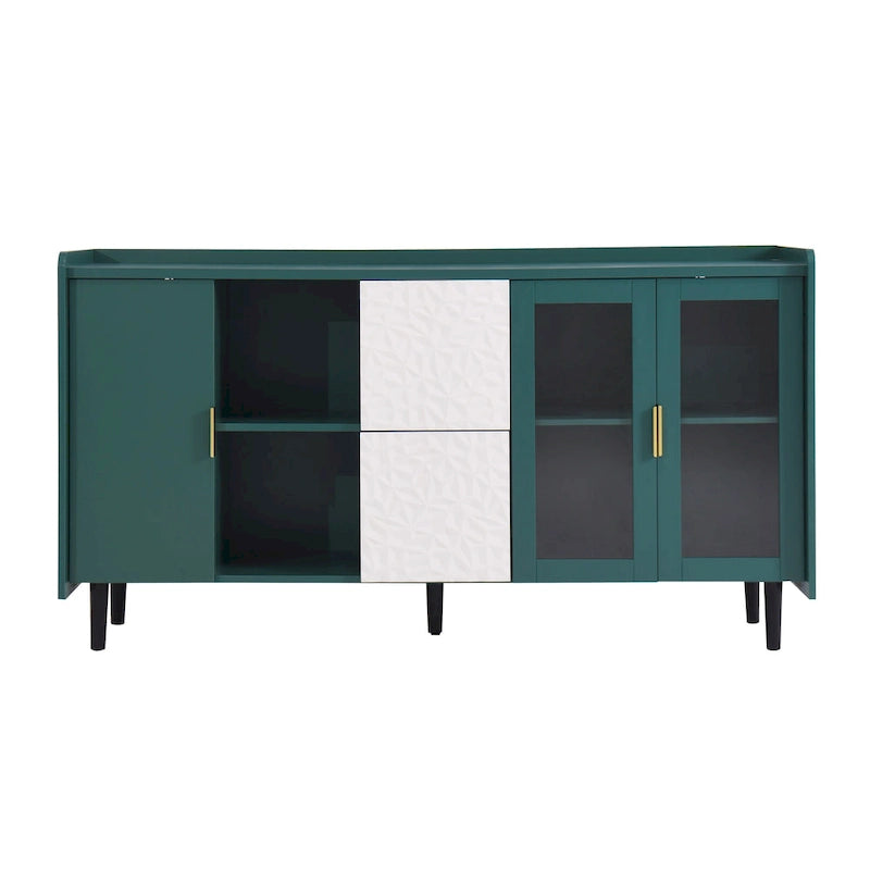 Mobile credenza moderno blu/verde con 2 ante in vetro, 2 cassetti e 2 vani aperti