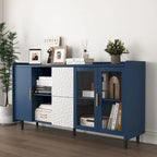 Mobile credenza moderno blu/verde con 2 ante in vetro, 2 cassetti e 2 vani aperti