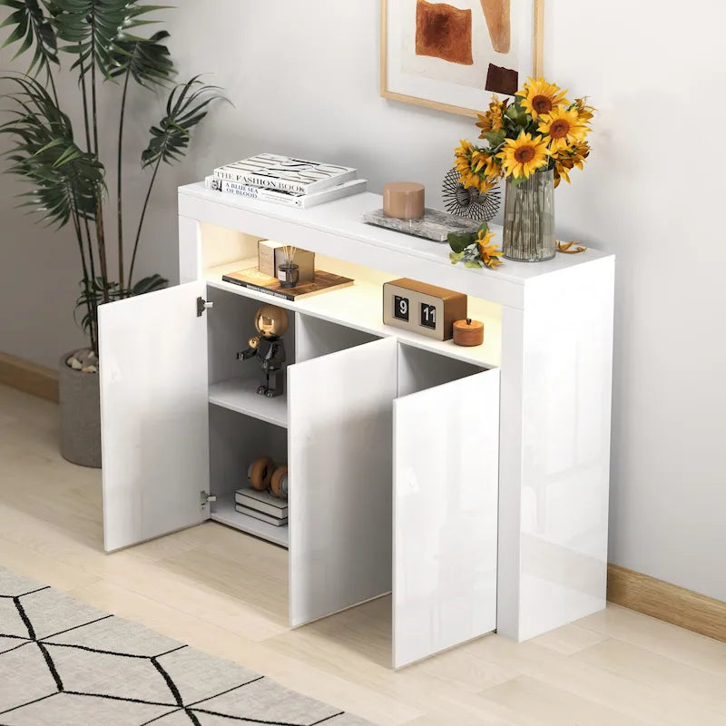 Madia bianca a 3 ante con luci LED, finitura lucida