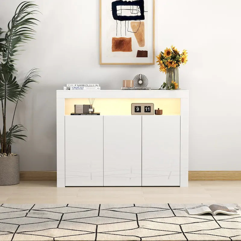 Madia bianca a 3 ante con luci LED, finitura lucida
