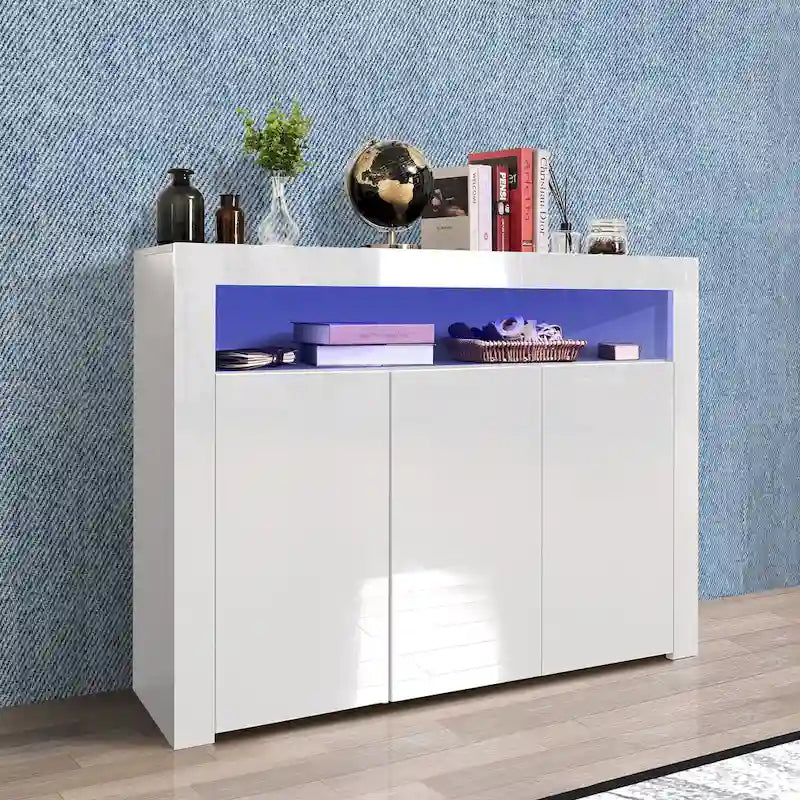 Madia bianca a 3 ante con luci LED, finitura lucida