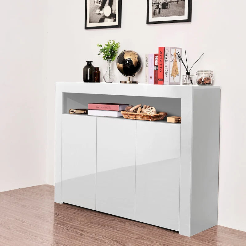 Madia bianca a 3 ante con luci LED, finitura lucida