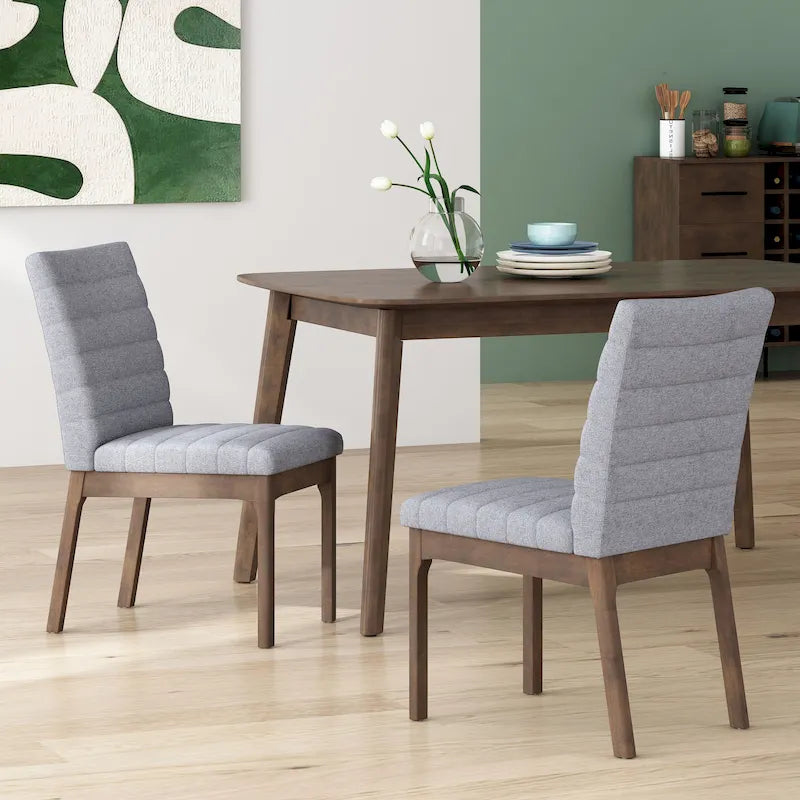 Sedie da pranzo Mid-Century set da 2 – Gambe in noce, tessuto / similpelle, beige chiaro / marrone cognac / grigio scuro
