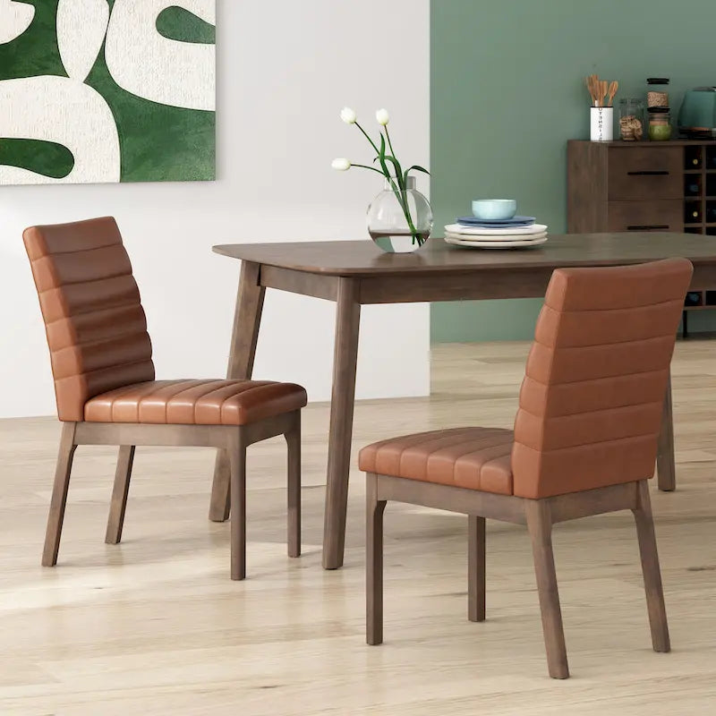 Sedie da pranzo Mid-Century set da 2 – Gambe in noce, tessuto / similpelle, beige chiaro / marrone cognac / grigio scuro