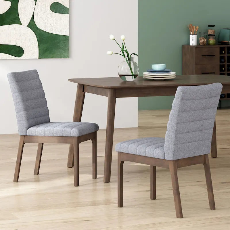 Sedie da pranzo Mid-Century set da 2 – Gambe in noce, tessuto / similpelle, beige chiaro / marrone cognac / grigio scuro
