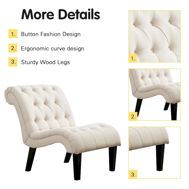 Gestoffeerde loungefauteuil met knopen, houten poten en linnen bekleding