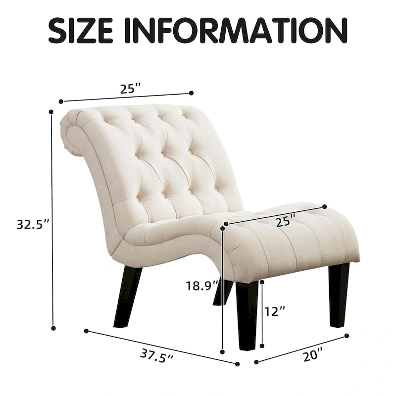 Gestoffeerde loungefauteuil met knopen, houten poten en linnen bekleding