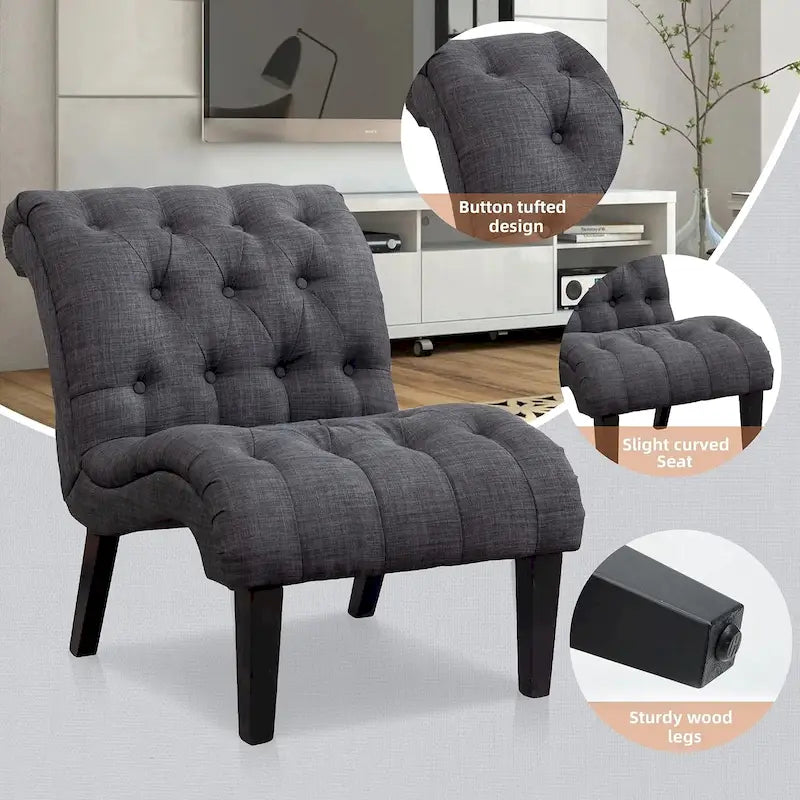 Gestoffeerde loungefauteuil met knopen, houten poten en linnen bekleding