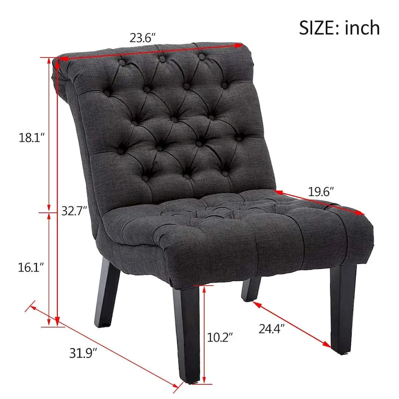Gestoffeerde loungefauteuil met knopen, houten poten en linnen bekleding