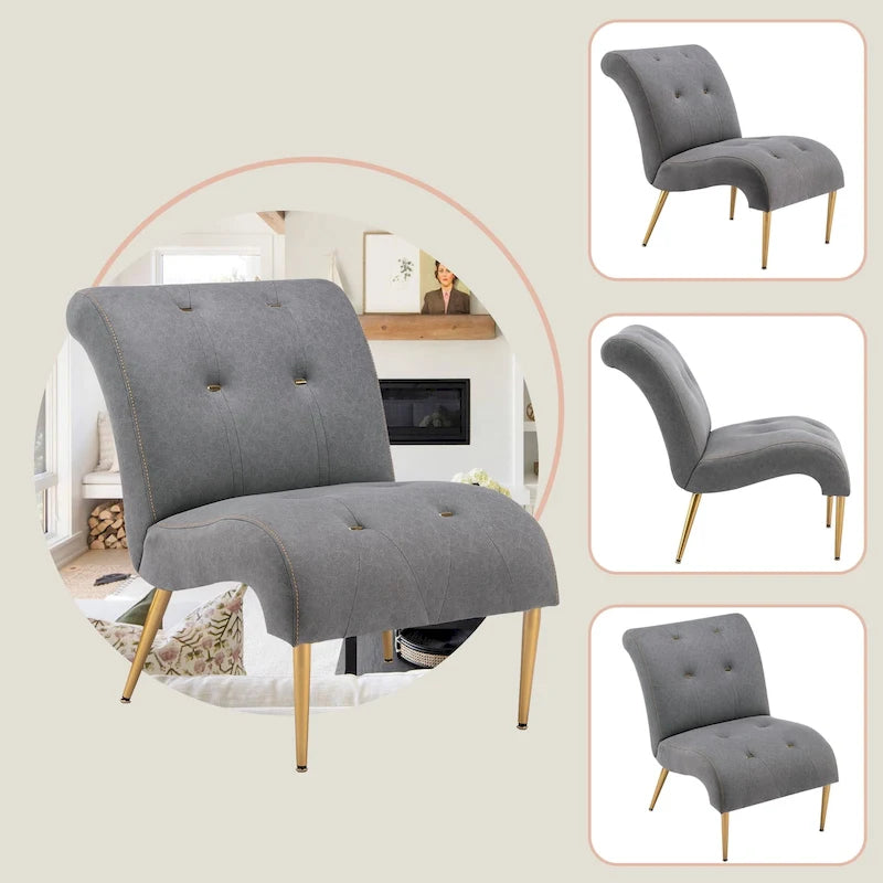 Gestoffeerde loungefauteuil met knopen, houten poten en linnen bekleding