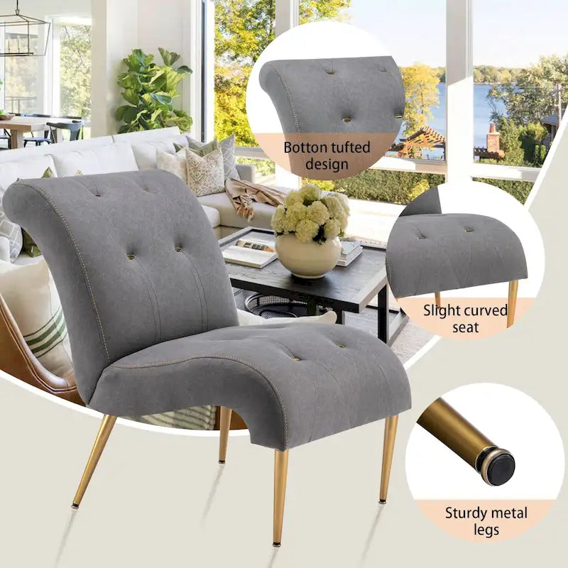 Gestoffeerde loungefauteuil met knopen, houten poten en linnen bekleding