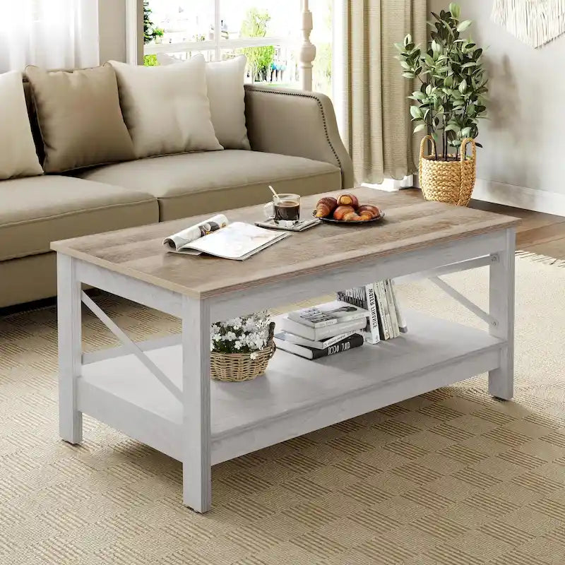 Couchtisch im Landhausstil mit Stauraum, zweistöckiger Beistelltisch für das Wohnzimmer