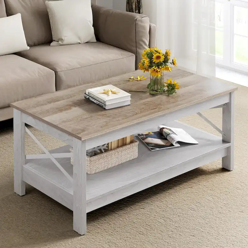 Couchtisch im Landhausstil mit Stauraum, zweistöckiger Beistelltisch für das Wohnzimmer