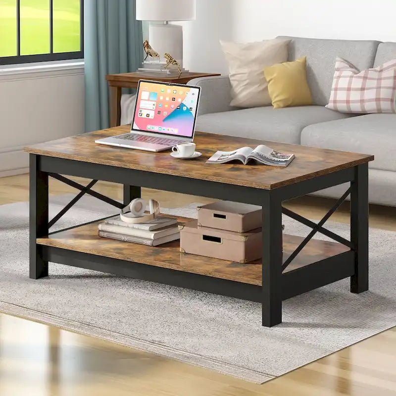 Couchtisch im Landhausstil mit Stauraum, zweistöckiger Beistelltisch für das Wohnzimmer
