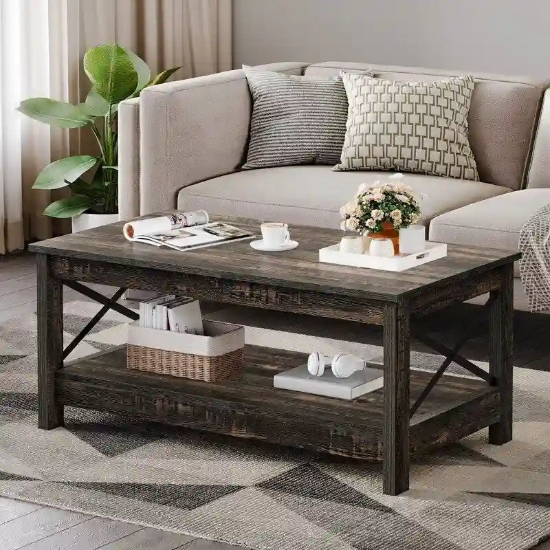 Couchtisch im Landhausstil mit Stauraum, zweistöckiger Beistelltisch für das Wohnzimmer