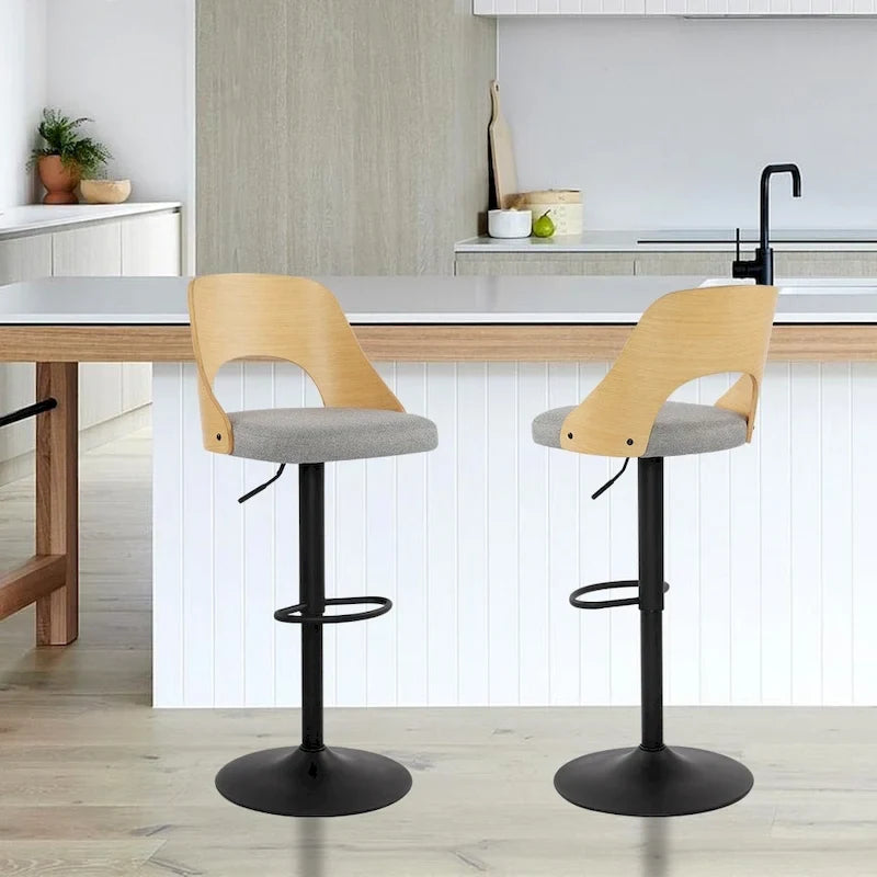 Sgabello da bar girevole in lino nero/naturale, regolabile in altezza, set da 2