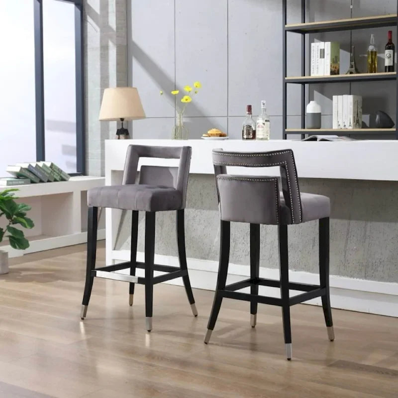 Sgabello da Bar in Velluto Color Crema/Grigio/Blu Scuro con Rivetti – Stile Americano, 1 Posto