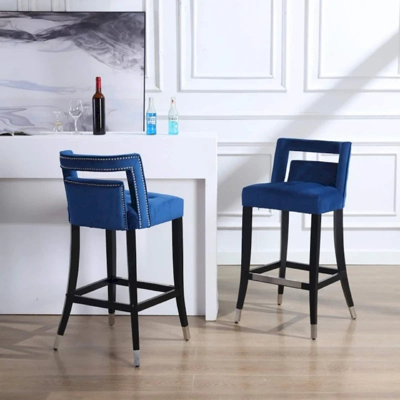 Sgabello da Bar in Velluto Color Crema/Grigio/Blu Scuro con Rivetti – Stile Americano, 1 Posto