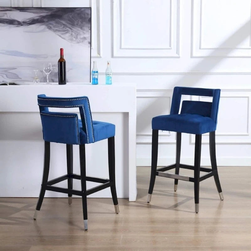 Sgabello da Bar in Velluto Color Crema/Grigio/Blu Scuro con Rivetti – Stile Americano, 1 Posto