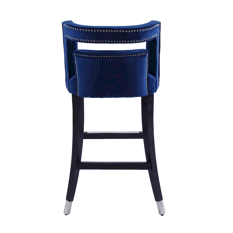 Sgabello da Bar in Velluto Color Crema/Grigio/Blu Scuro con Rivetti – Stile Americano, 1 Posto