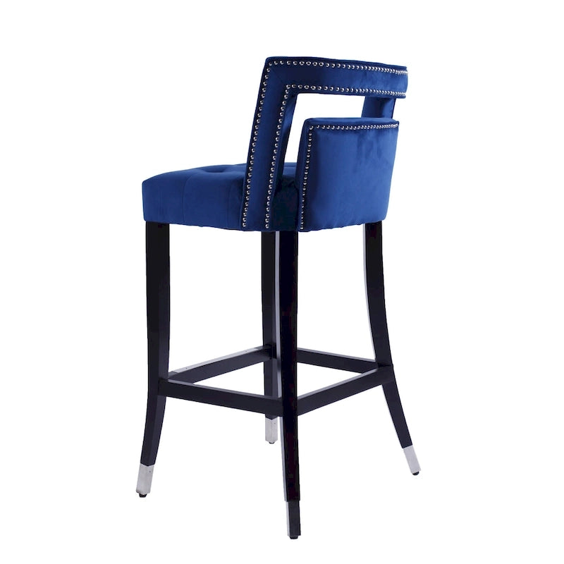 Sgabello da Bar in Velluto Color Crema/Grigio/Blu Scuro con Rivetti – Stile Americano, 1 Posto