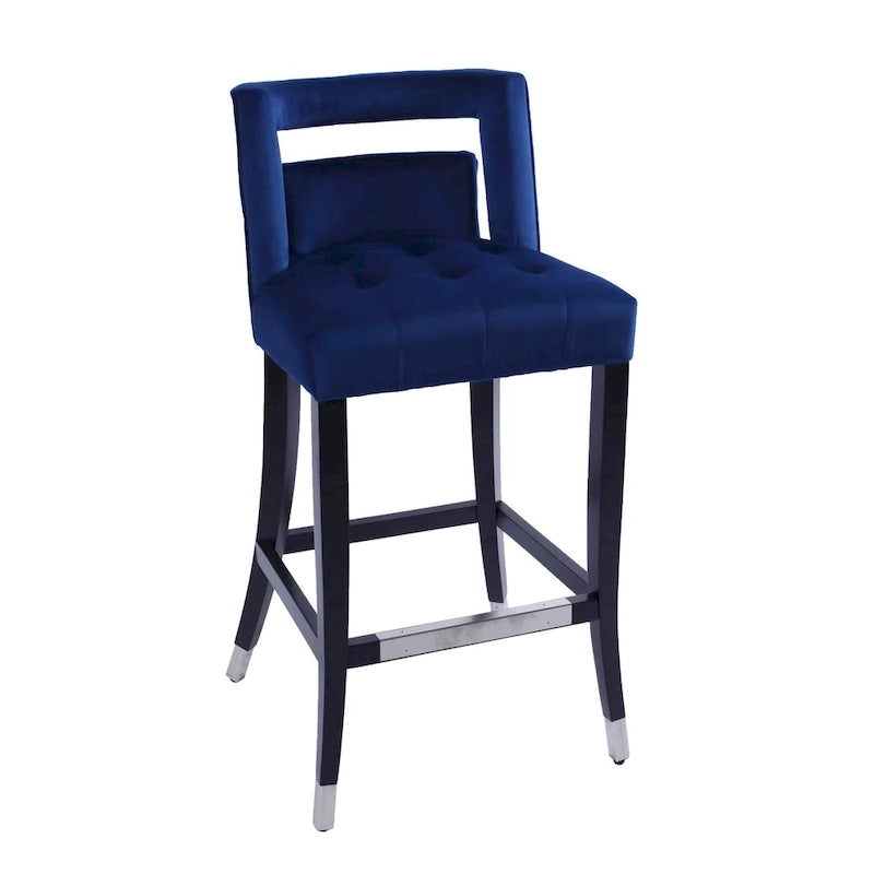 Sgabello da Bar in Velluto Color Crema/Grigio/Blu Scuro con Rivetti – Stile Americano, 1 Posto