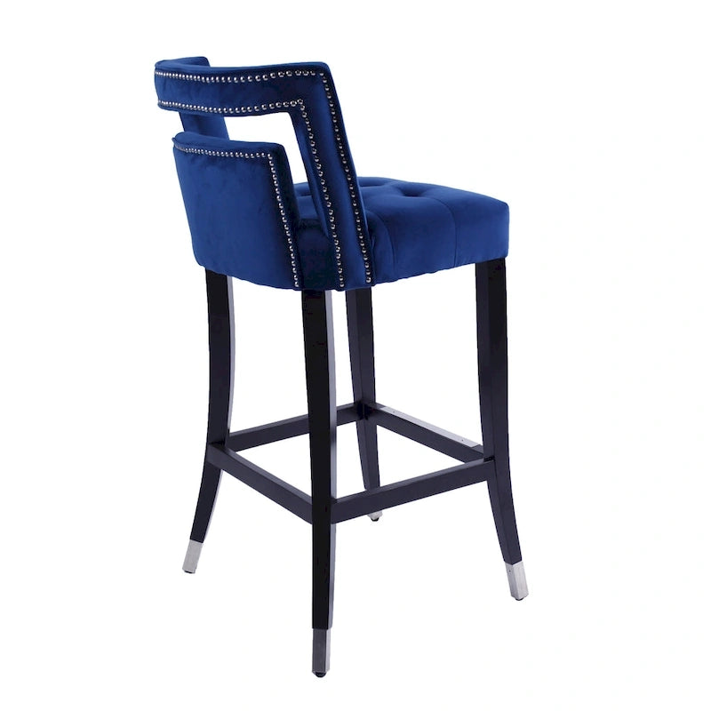 Sgabello da Bar in Velluto Color Crema/Grigio/Blu Scuro con Rivetti – Stile Americano, 1 Posto