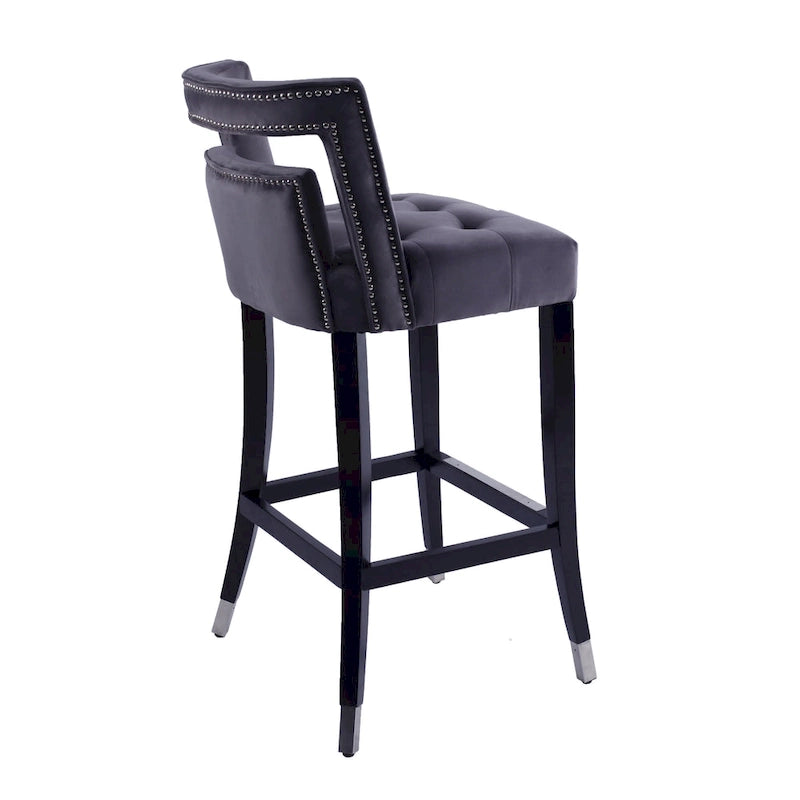Sgabello da Bar in Velluto Color Crema/Grigio/Blu Scuro con Rivetti – Stile Americano, 1 Posto